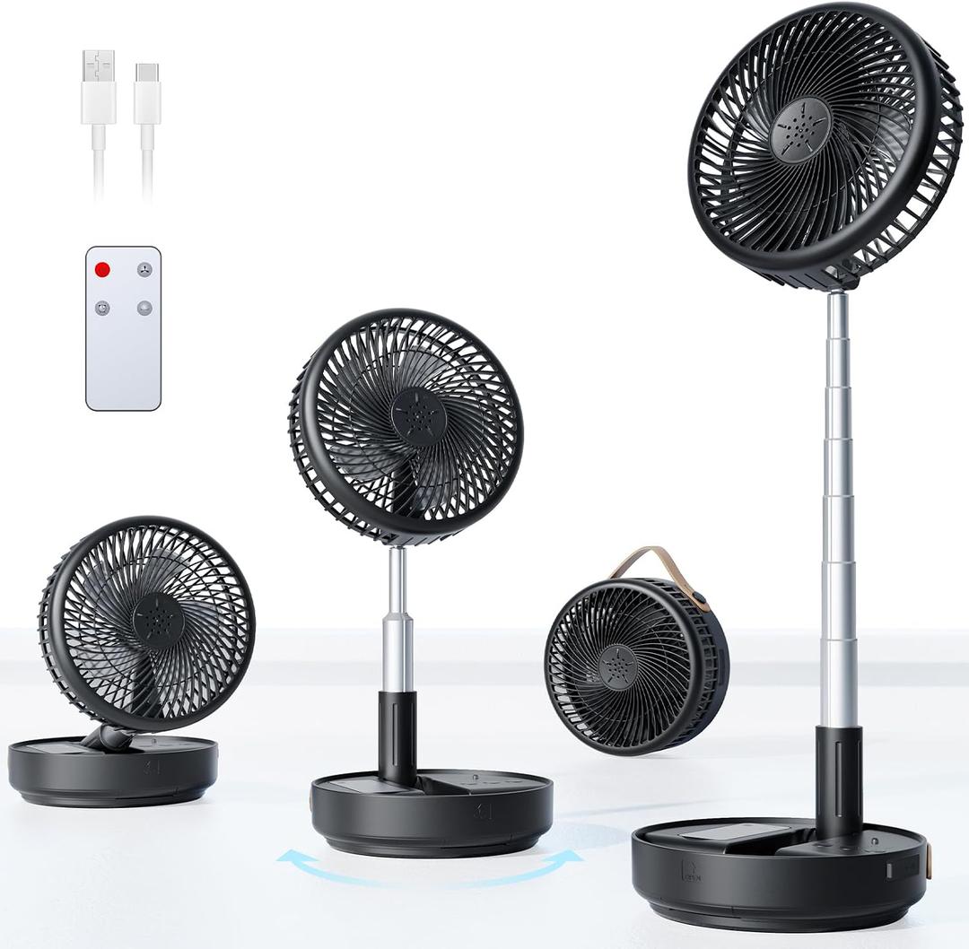 Portable Oscillating Travel Fan, 10400mAh Battery Operated Rechargeable USB Floor Table Desk Fan with Remote, 4 Speed Settings Pedestal Fan for Home Bedroom Office Camping Cruise, Black 8"