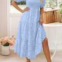 ZESICA Women's 2026 Summer Short Puff Sleeve Crewneck Smocked Floral Lace Flowy A Line Tiered Maxi Dresses (Blue, M)
