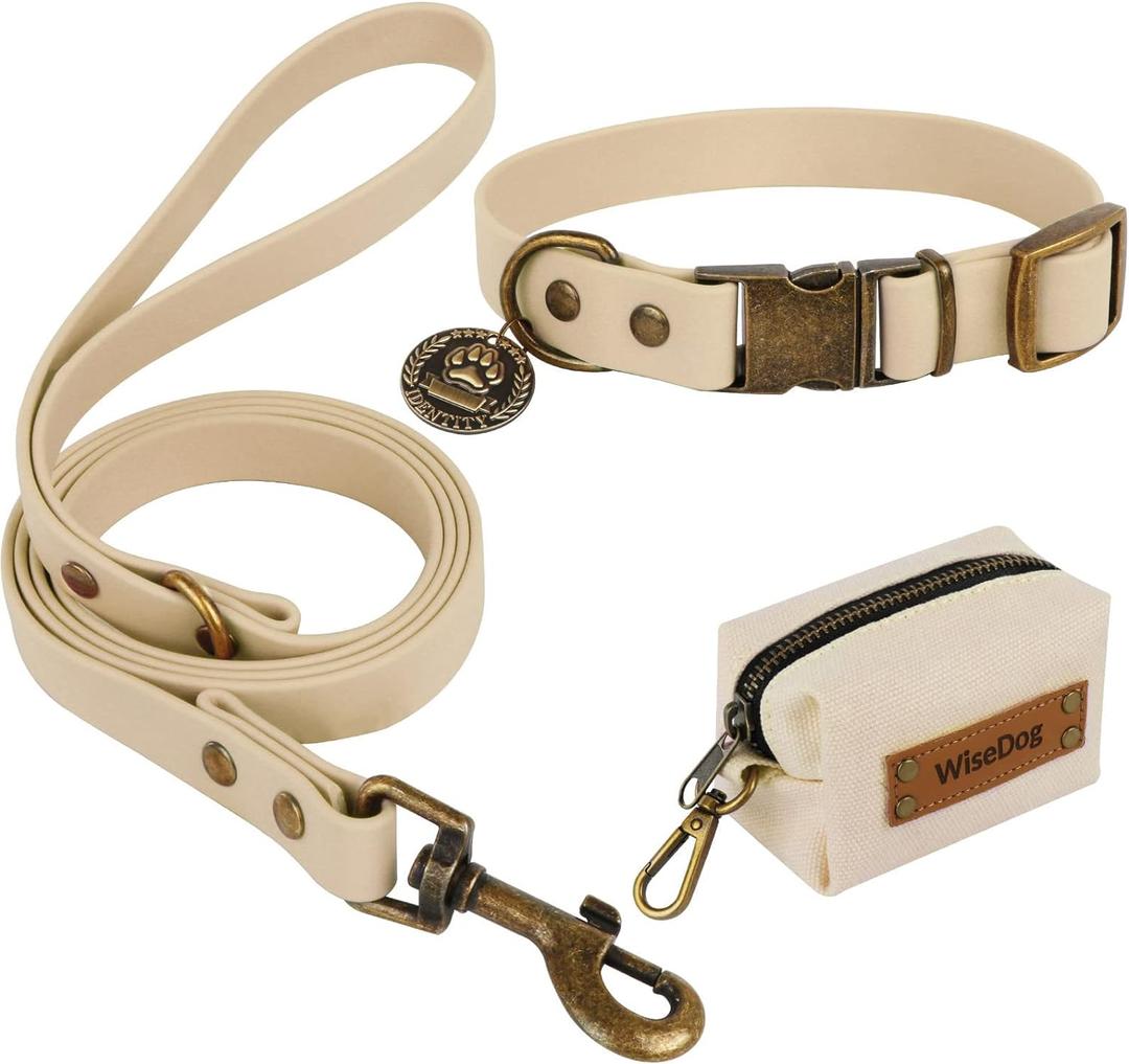 Wisedog Dog Collar and Leash Set Combo: Adjustable Durable Pet Collars with Dog Leashes for Small Medium Large Dogs, Includes One Bonus of Poop Bag Holder (M, Sand Color) (M(Collar:12"-18";Leash:5 ft))