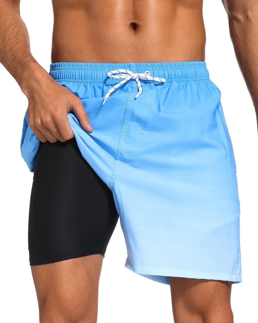 SILKWORLD Mens Swimming Trunks with Boxer Brief Liner Quick Dry Stretch Bathing Suit Swim Shorts with Zipper Pockets,Blue Gradient,XX-Large