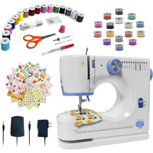 Sewing Machine for Beginners with 20Pcs Fabric & 32Pcs Sewing Threads Kit,Portable Sewing Machine with 12 Built-in Stitches & 2 Speed(High-Low Speeds)-BW724 (Blue,white)
