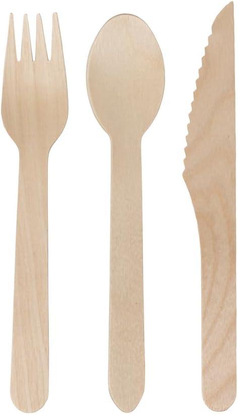 100 Pcs 6 Inch Wood Cutlery (50 Forks, 25 Spoons and 25 Knives)