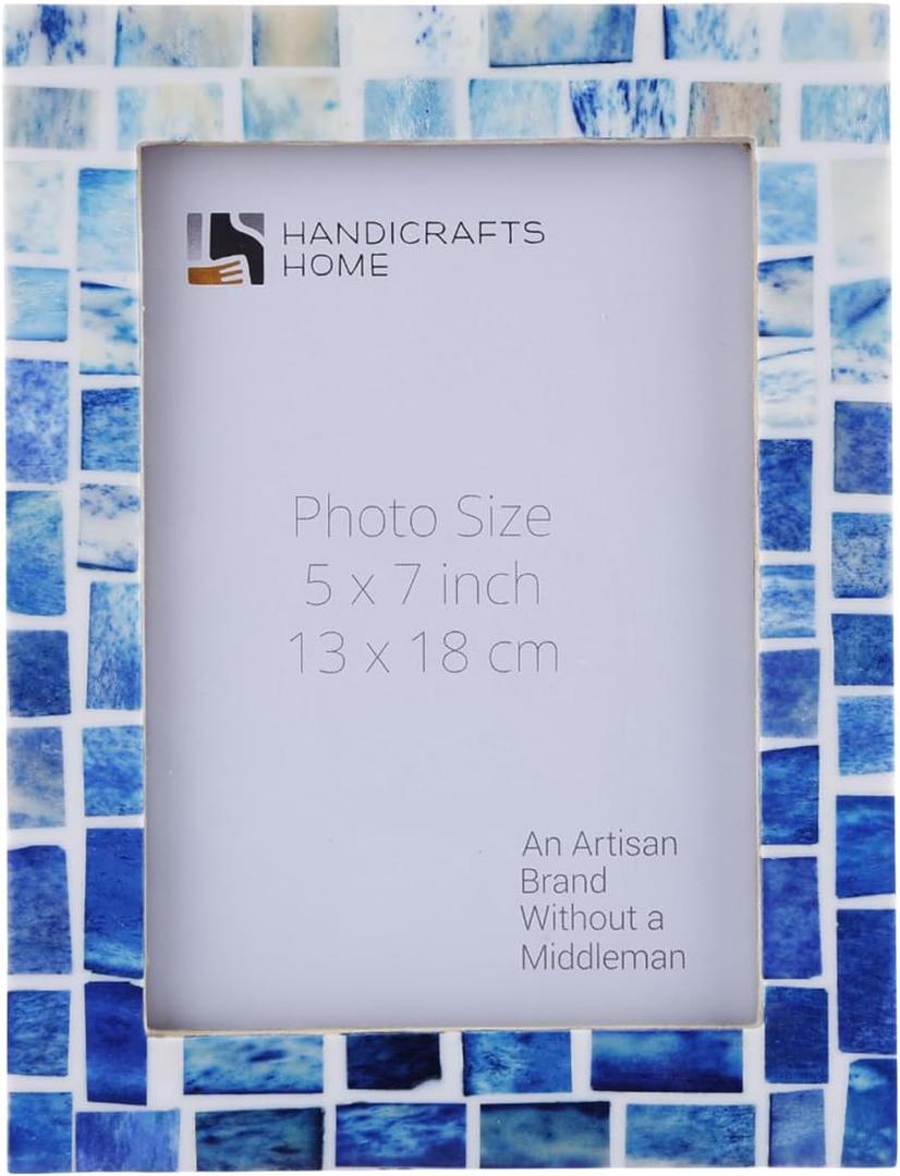 Handicrafts Home Blue Picture Frame, Handmade Bone Inlay 5x7 Photo Frame, Mosaic Indigo Pattern, Artisan Crafted Blue & White Frame for Wall & Tabletop, Coastal Modern Farmhouse Decor, Gallery Wall, Desk & Shelf Styling, Bedroom & Living Room Picture Frame, New Year & Holiday Gift  Mosaic Indigo