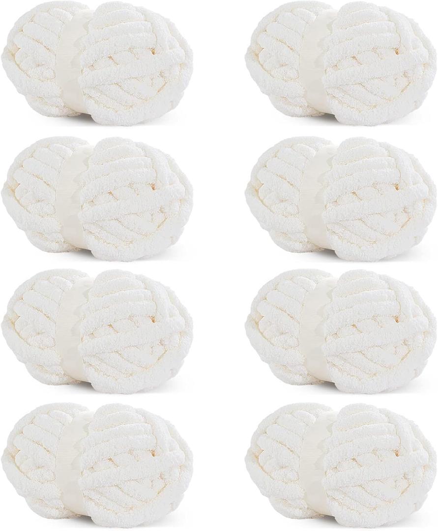 HOMBYS White Chunky Chenille Yarn for Crocheting, Bulky Thick Fluffy Yarn for Knitting,Super Bulky Chunky Yarn for Hand Knitting Blanket, Soft Plush Yarn, 8 Jumbo Pack (27 yds, 8 oz Each Skein) (8 Pack, Cream)