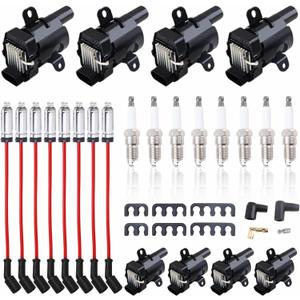 Set of 8 Round Ignition Coils UF262+ 41-962Spark Plugs+ 748UU 8mm Spark Plug Wires for Chevy Avalanche Express Tahoe Silverado Suburban 1500 2500 3500/GMC OEM# D585 (UF262 black +748UU+41-962)