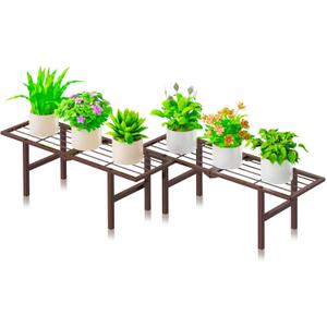 2 Pack Metal Plant Stand Outdoor Indoor, 1 Tier Folding Tiered Flower Plant Shelf, Heavy Duty Ladder Multiple Pot Display Plant Rack for Patio Garden Balcony Windowsills, Brown
