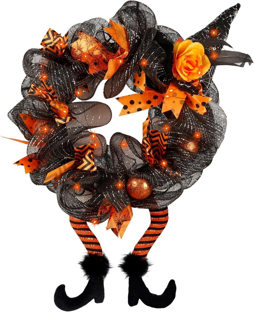 yosager Halloween Wreaths, Halloween Decorations Witch Hat and Legs Wreath, Lighted with 30 LED Orange Lights, Front Door Wall Light up Wreath Ornaments Holiday Party Thanksgiving Decor
