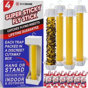 Fly Stick Sticky Fly Traps for Indoors Outdoor 4pk with 12 Ribbons. Non-Toxic Super Sticky Hanging Flies Catcher Paper Tape Strips for Home