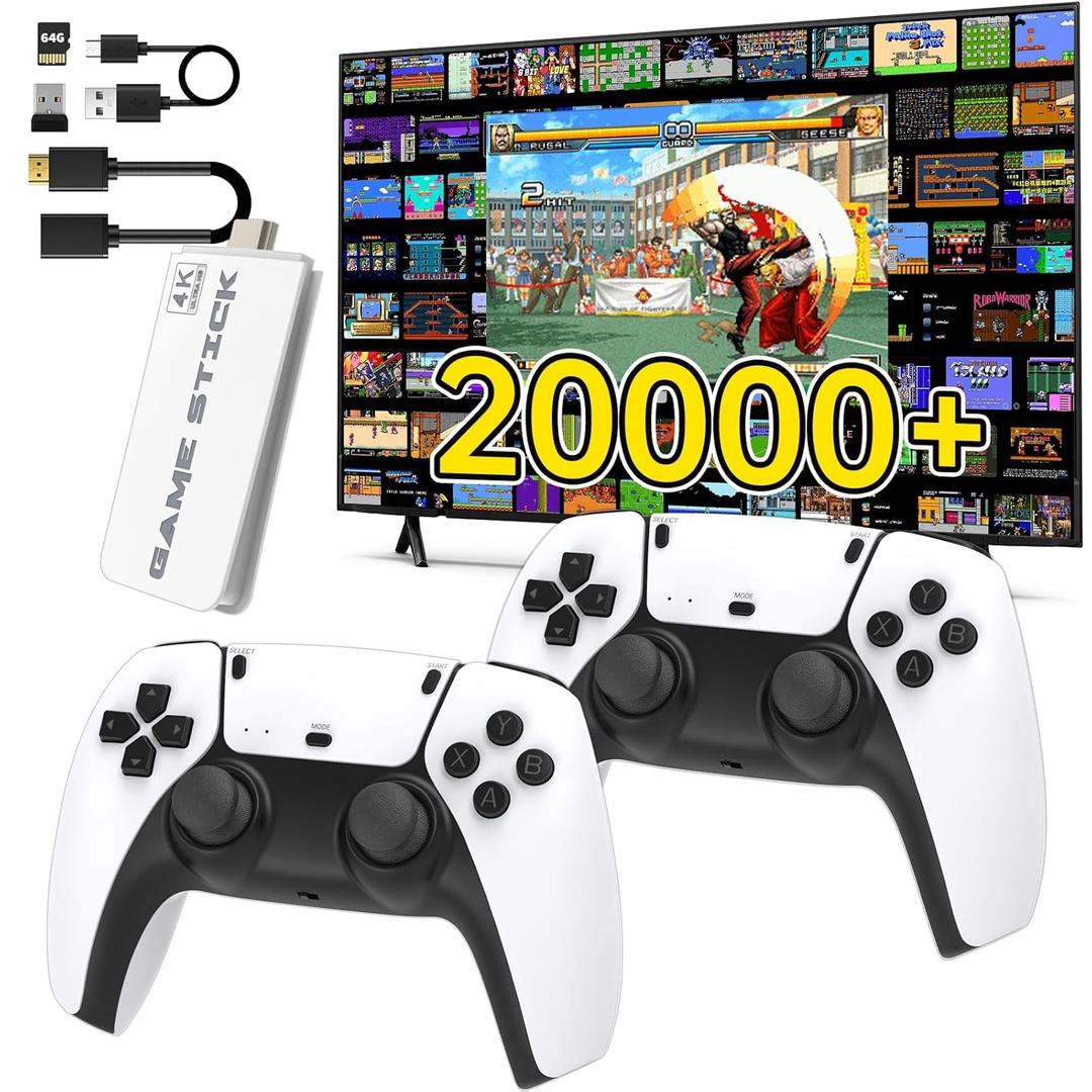 Wireless Retro Game Console, Retro Game Stick with Built-in 9 Emuls, 64GB,20,000+ Games, 4k Hdmi Output, and 2.4GHz Wireless Controller, Plug and Retro Play Video Games for TVPearl White