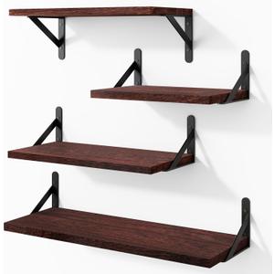 YGEOMER Floating Shelves for Wall, Different Sizes Walnut Red Brown Wall Shelves for Living Room, Bathroom, Bedroom, Kitchen, Home Decor (Set of 4)