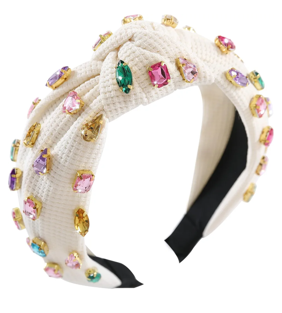 Jeweled Knotted Headband for Women Girls Sparkly Crystal Rhinestone Headband Wide Top Knot Women's Embellished Hairband Hair Accessories Beige