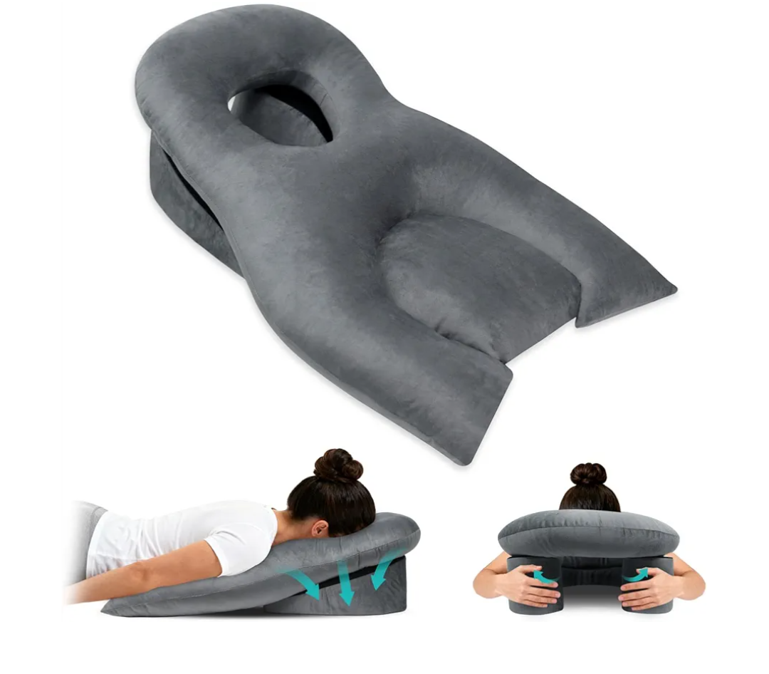 Face Down Recovery Pillow for Eye/BBL Surgery - Prone Massage Headrest with Adjustable Airflow, Plush Velvet Cover, Retinal Vitrectomy Equipment (Grey, Large, Removable Base Cover)