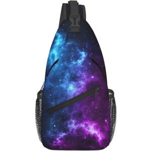 Galaxy Crossbody Sling Bags for Women Men Blue and Purple Galaxy with a Planet and a Moon Space Background Travel Sling Backpack Casual Shoulder Bag Universe Theme Gym Sports Hiking Daypack