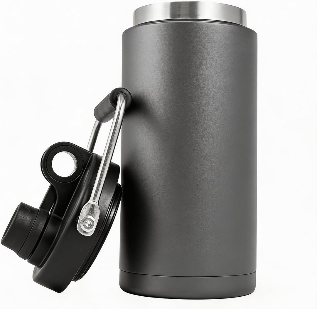 Kerilyn Insulated Half Gallon Jug with Handle, 64oz Stainless Steel, Large Double Vacuum Water Bottle for Hot & Cold Drinks, Wide Mouth, Sweat Proof, Great for Travel, Camping, Grey (Gray)