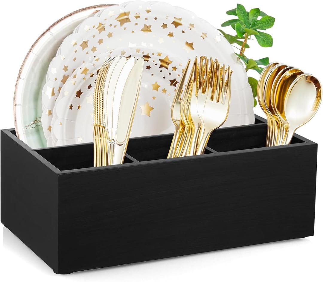 DRASTAR Paper Plate Dispenser, Wooden Utensil Caddy Organizer, Large Silverware Holder for Party, Black Paper Plate Organizer, Kitchen Utensil Caddy for Party Picnic Camping