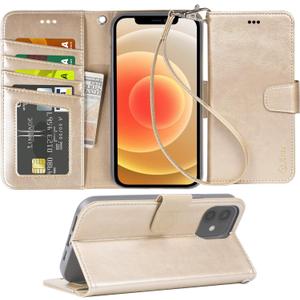 Arae Compatible with iPhone 12 Case and iPhone 12 Pro Case Wallet Flip Cover with Card Holder and Wrist Strap - Champagne Gold