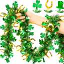 50FT St Patricks Day Decorations Garland Gold Horseshoe Green Hat Shamrock Tinsel Garland, Shiny Metallic Hanging Shamrock Decor Saint Patricks Day Decor for Home Indoor Outdoor Irish Party Supplies
