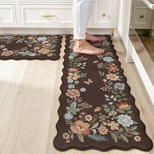 Collive Kitchen Mats Cushioned Anti Fatigue, Scalloped Waterproof Kitchen Floor Mat Brown Sink Rug 2 Piece Non Slip, Comfort Desk Standing Rugs for Bedroom, Office, Laundry (17.3"x47"+17.3"x29")