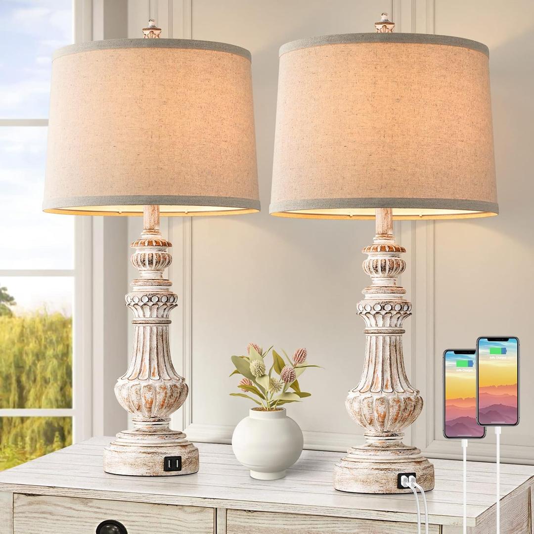 Tall Table Lamps Set of 2, 28 Vintage Table Lamps with Dual USB Ports, Resin Bedside Lamps with Rotary Switch, Nightstand Lamps with E26 Base, Desk Lamp with Fabric Shade for Living Room Bedroom