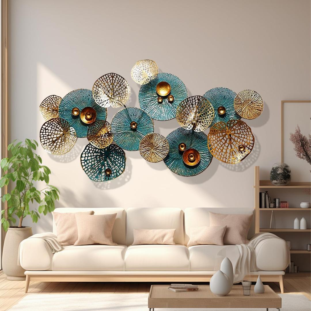 edaknez Metal Wall Decor for Living Room, Metal Flower Wall Art, 3D Stacked Leaves Wall Art Decor, Modern Lotus Flower Hanging Wall Decor (C 50 inch x 26 inch)