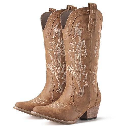 HISEA Rollda Cowboy Boots for Women, Cowgirl Boots, Comfortable Western Boots with Pointed Toe Stitched Embroidery for Country Concert Dancing Wedding Traveling Daily Outfits, Size 7
