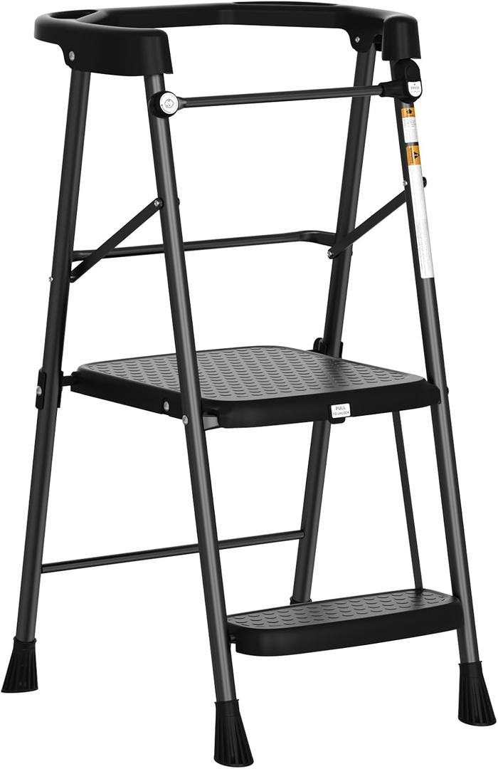 HBTower Kids 2 Steps Step Stool, Toddler Tower for Kitchen Counter Learning, Toddler Kitchen Stool Helper with Anti-Drop Safty Railing Kids Standing Folding Stepper (Black)