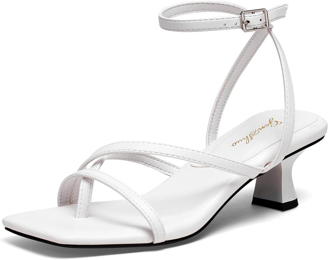 GENSHUO Women's Low Strappy Heels Sandals Open Square Toe Thong Dress Heels Comfortable Sexy Cute Ankle Strap Wedding Party Prom Summer Shoes (White)