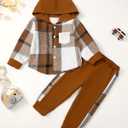 Toddler Baby Boy Clothes Long Sleeve Hoodie Plaid Flannel Shirt and Pants Set Fall Winter Outfits (Brown)