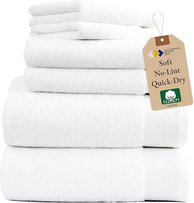 California Design Den 6 Piece Everyday Towel Set - 2 Bath Towels for Bathroom, 2 Hand Towels and 2 Washcloths - 100% Cotton, Soft, Quick-Dry & Absorbent Towels for Bathroom, Spa, Gym & Kitchen - White