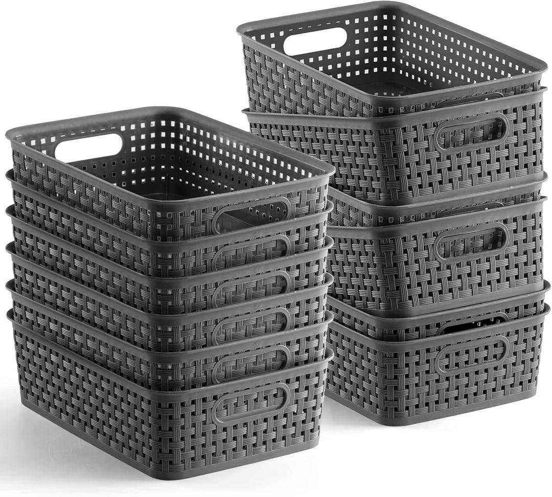 [ 12 Pack ] Plastic Storage Baskets - Small Pantry Organization and Storage Bins - Household Organizers for Laundry Room, Bathrooms, Bedrooms, Kitchens, Cabinets, Countertops, Under Sink or On Shelve (Gray)