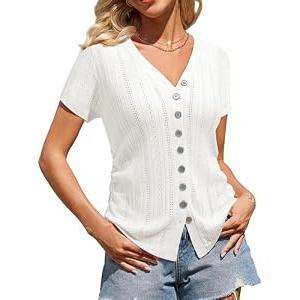Messic Knit Tops for Women: Short Sleeve Sweater Womens Summer Tops 2026 Button Down Wrap Shirt V Neck Ruched Tops for Women Dressy Casual Top Lightweight Sweater Professional Office Outfits White M