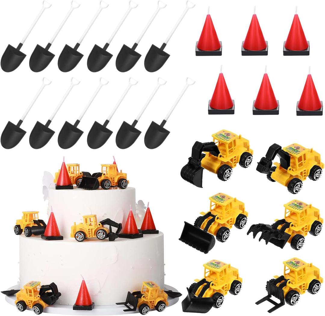 Yerliker 24 Pcs Construction Party Decoration Set Construction Cone Shaped Cake Candles 6 Truck Excavator Cake Toppers 12 Plastic Shovel Shape Spoons for Kids Boy Birthday