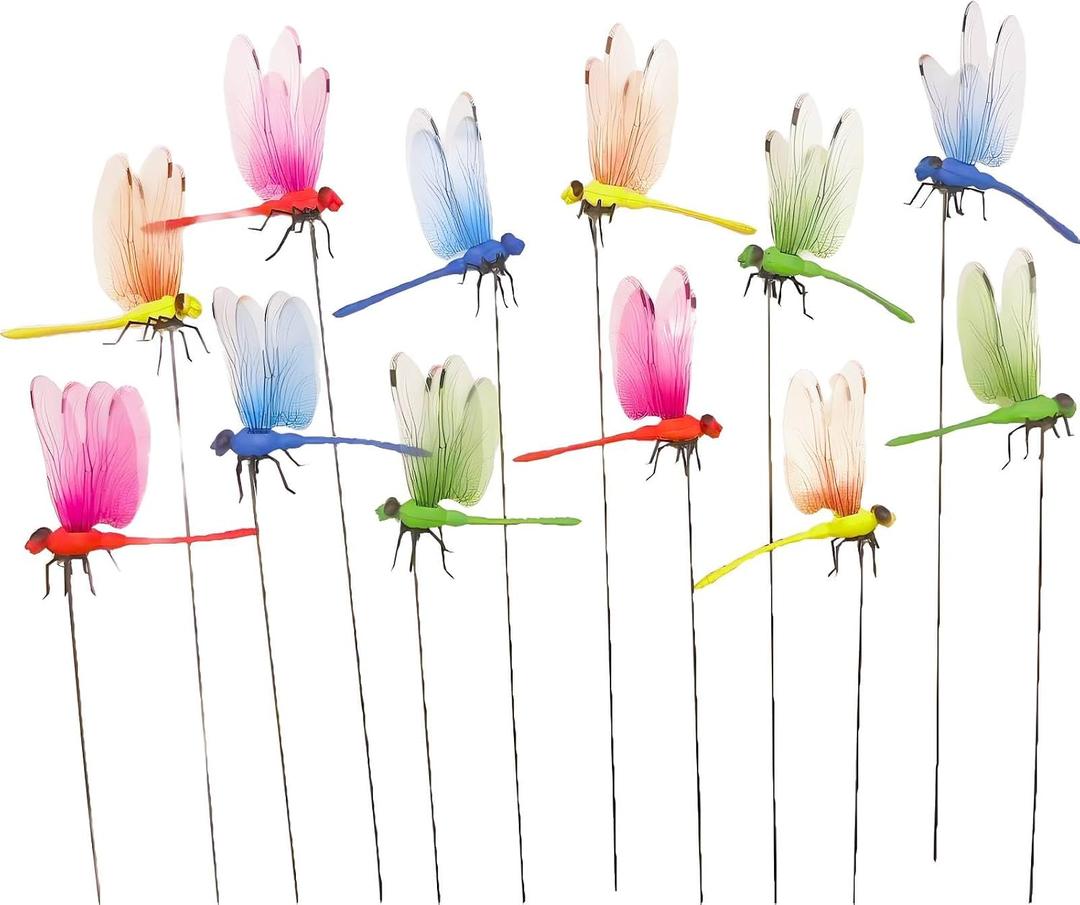 2 x 12 Pieces Dragonfly Garden Decor 3D Dragonfly Garden Stakes 4Colors Ideal for Garden Decorations and House Warmings CHOUYUHE