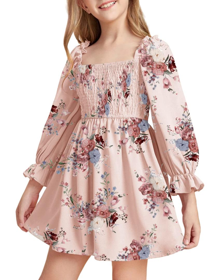 Girls Floral Ruffle Mini Dress Square Neck Lantern Sleeve Smocked Flower Chiffon Boho Sundress