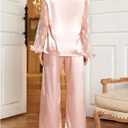 OYOANGLE Women's Satin Pajama Set Heart Mesh Sheer Sleeve Button Down Shirt and Pants 2 Piece Sleepwear Pink X-Large