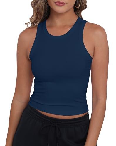 GEMBERA Women Sleeveless Crewneck Ribbed Knit Fitted Casual Basic Racerback Tank Top Tee Shirt(3936 Navy Blue S)