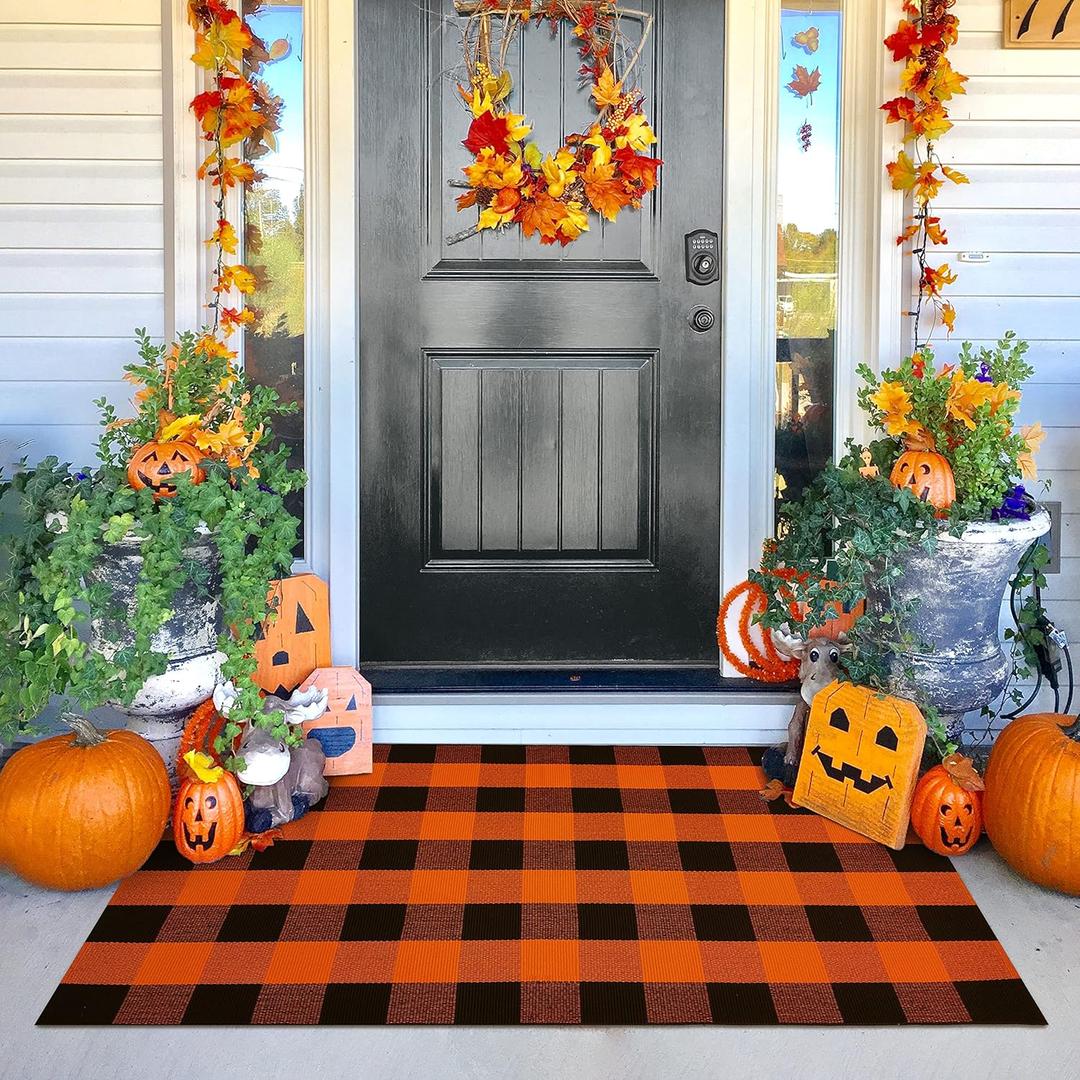 KILOCOCO Halloween Doormat 3'x5' Buffalo Plaid Rug Outdoor Rugs for Thanksgiving Washable Fall Doormats Layered Front Door Mat for Porch/Farmhouse/Entryway/Patio Orange Rugs Christmas Decor (Orange and Black)
