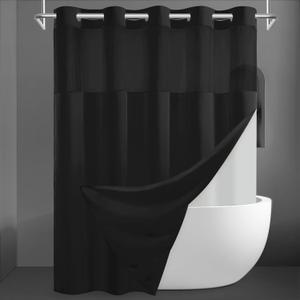 SORTTO No Hook Slub Textured Shower Curtain with Snap in Liner - Black Fabric Outer Curtain & Waterproof Inner Liner, Hotel Style with See Through Top Window, 71x74 in