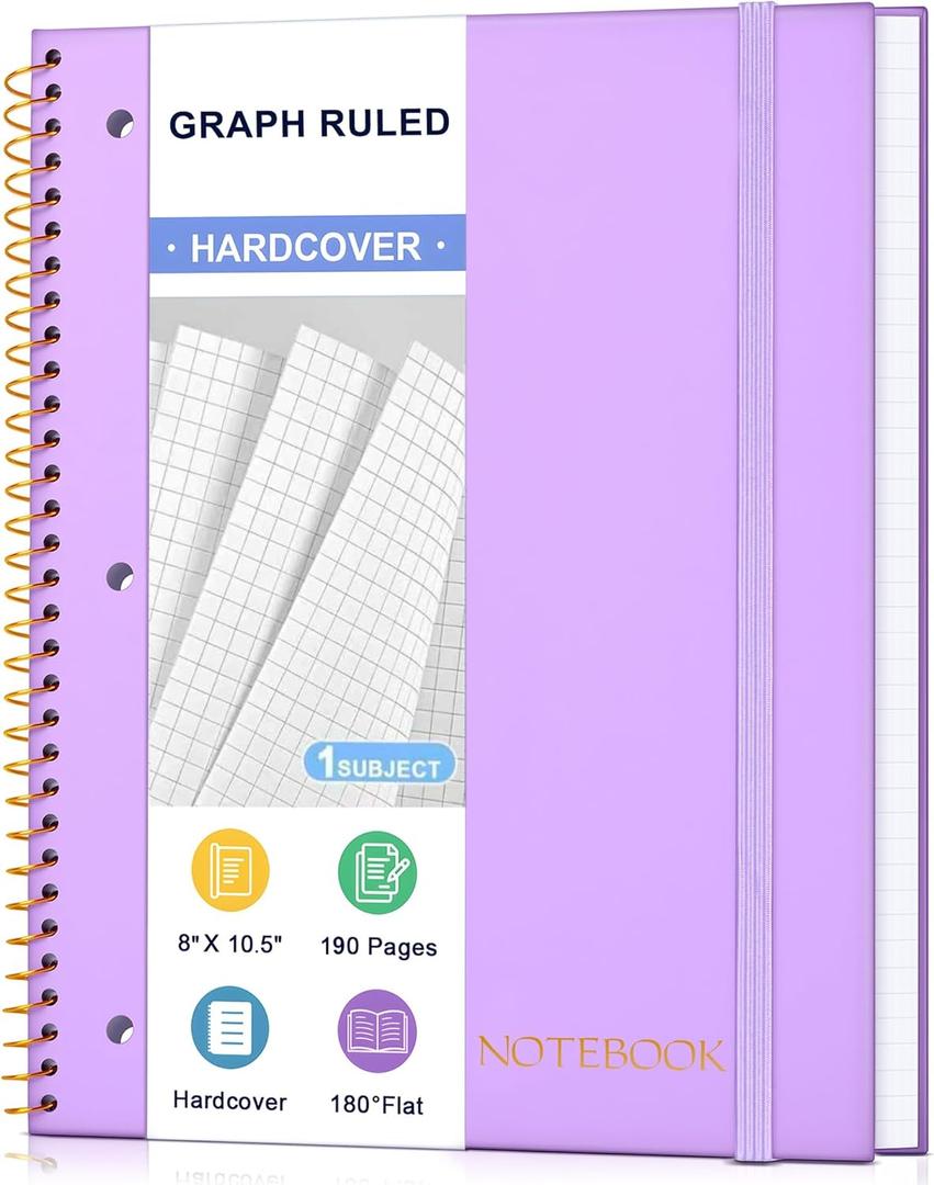 Spiral Notebook Graph Ruled Paper 8" x 10 1/2", 1 Subject Spiral Grid Notebook 3-Hole Punched Perforated Page Ideal for School, Office, Writing, 95 Sheets Lined Journaling Graphing Notebook, Purple