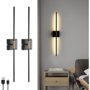 Battery Operated Wall Sconces Set of 2,10000mAh Wireless Wall Light with Remote Control,3000K-6500K Dimmable Rechargeable Wall lamp for Living Room Bedroom Wall Decor(Black)