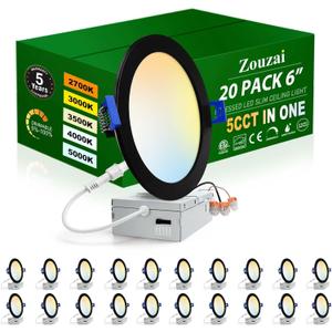 zouzai 20 Pack 6 Inch Black Ultra-Thin LED Recessed Ceiling Light with Junction Box 5CCT Adjustable Dimmable Can-Killer Downlight - ETL and Energy Star Certified, 5CCT-Black