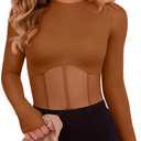REORIA Women's Trendy Sexy Crew Neck Thumbholes Long Sleeve Sheer Mesh Going Out Bodysuit Tops (Brown) XL