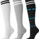 Shihanee 3 Pairs Striped Compression Socks for Men Women 15-25mmHg Circulation Knee High Athletic Socks for Support Nurse(Black, White, Gray)