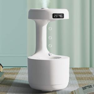 Anti Gravity Water Drop Humidifier, 800ml Cool Mist 36dB Quiet, Fountain Visual With Water Flowing Back, Ultrasonic Air for Bedroom (White With LED Clock)