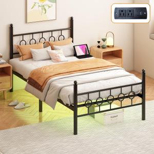 Jenmit Twin Bed Frames with Headboard, LED Bed Frame with Charging Station, Metal Platform, Under-Bed Storage, No Box Spring Needed, Noise Free, Easy Assembly, Black