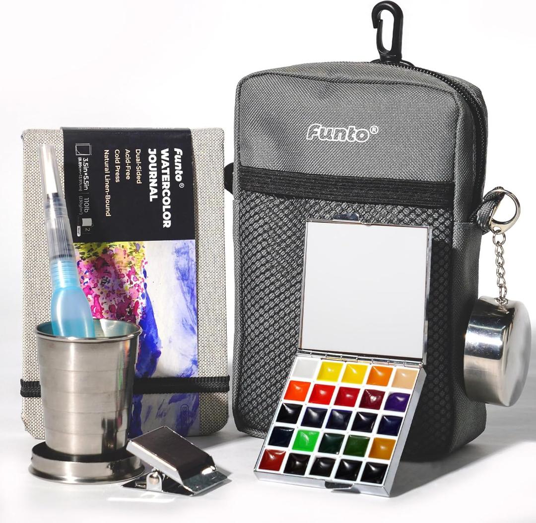 Funto Mini Watercolor Paint Set, All-in-One 24-Color Travel Paint Kit, with Crossbody Bag, Watercolor Journal, Paint Water Cup, Pocket Set for Artists