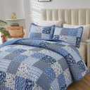 Mybedsoul Blue Quilt Set Twin Size, 2 Pieces Plaid Floral Bedspread Set Patchwork Reversible Bedding Set Microfiber Lightweight Bedspread Coverlet Set for All Season 68"x86"