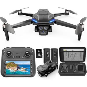 4K GPS Drone with Camera for Adults, Brushless Motor, 4.5" HD Screen Remote with 2 Batteries 60 Min Flight, with SD Card, Foldable Quadcopter Under 249g, Auto Return, Follow Me, 3 Speed Mode