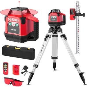 VEVOR Rotary Laser Level Kit, 1650ft 360-Degree Self Leveling Red Horizontal Laser Transit,with Heavy-duty Tripod, Receiver, Remote Control, Toolcase, IP54 Waterproof, 0.06 in/100 ft for Construction