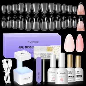 PEACECOLOR Gel Nail Kit, 240Pcs Short Medium Almond Nail Tips with U V Light 2PC Jelly Gel Polish Nail Glue Top Coat Stickers Rhinestones Easy Extension Set DIY Salon Gifts for Women
